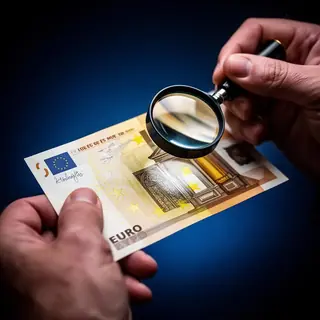 Overovanie ochranných prvkov bankovky lupou
